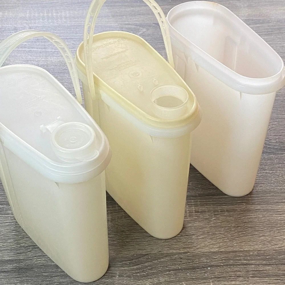 Vintage Tupperware Slim Pitcher 3‎ Canister 2 lid Set Sheer Cream USA